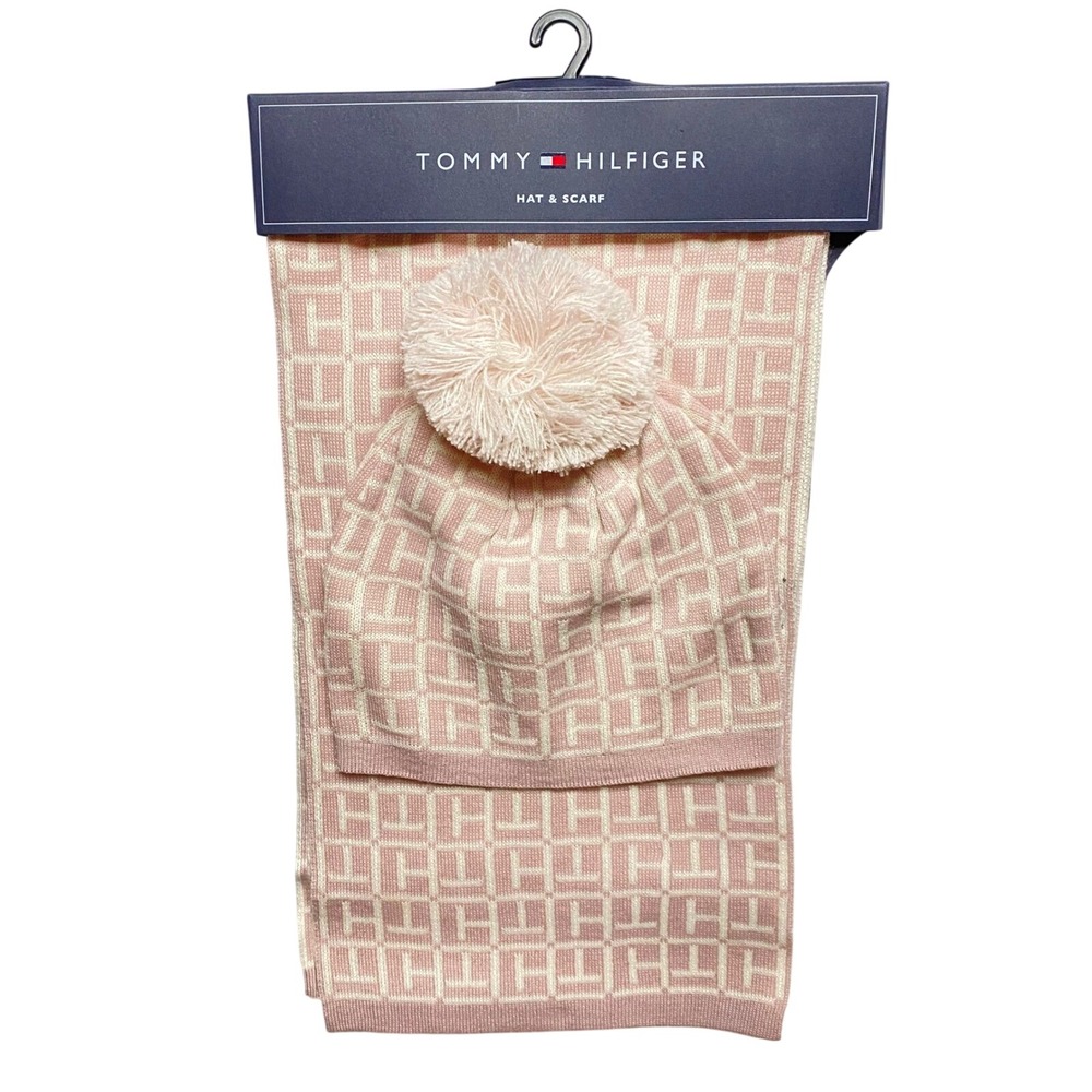Tommy Hilfiger Womens Pink Monogram Logo Knit Beanie Hat & Scarf Set 2 Piece NWT